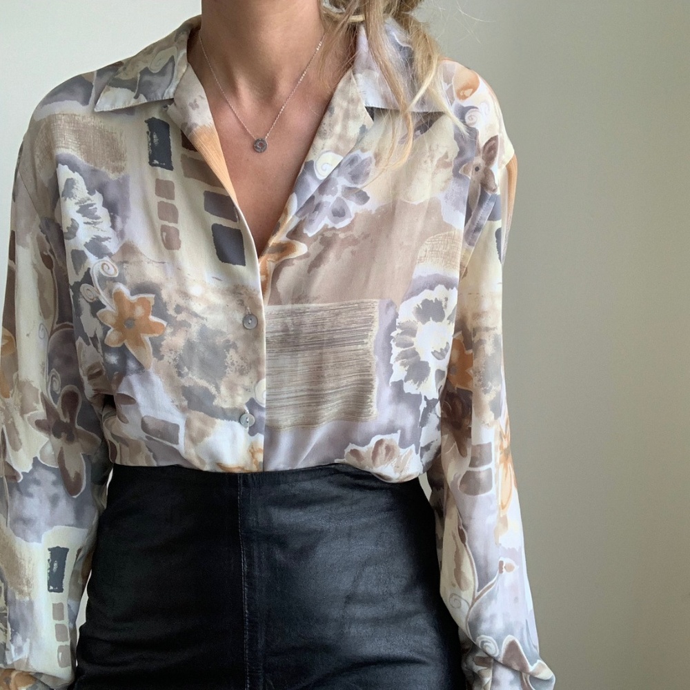 Vintage Silky Patterned Blouse Button Up